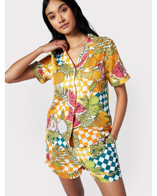 Chelsea Peers Yellow Linen Blend Fruit Checkerboard Short Pyjama Set