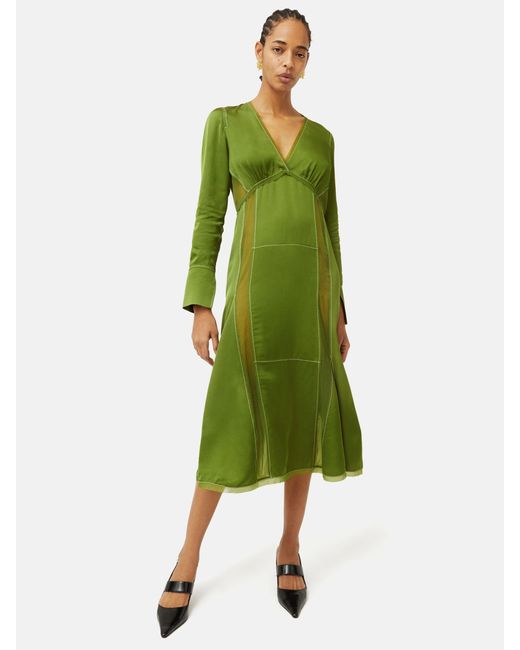 Jigsaw Green Contrast Stitch Sheer Panel Midi Dress