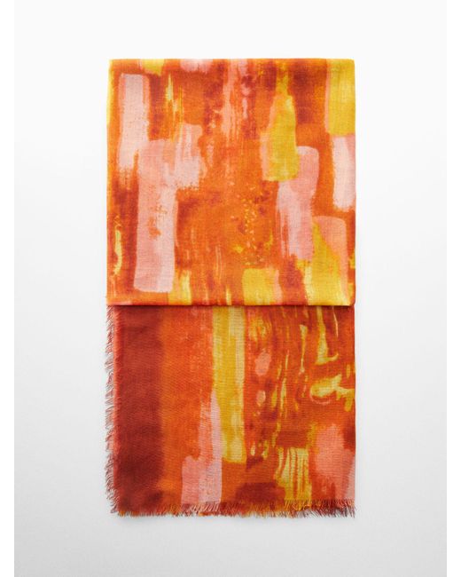 Mango Orange Linen Blend Abstract Print Scarf