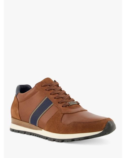Dune Brown Treck Leather Stripe Webbing Lace Up Trainers for men
