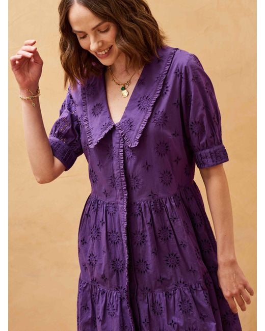 Brora Purple Organic Cotton Broderie Anglaise Tiered Dress