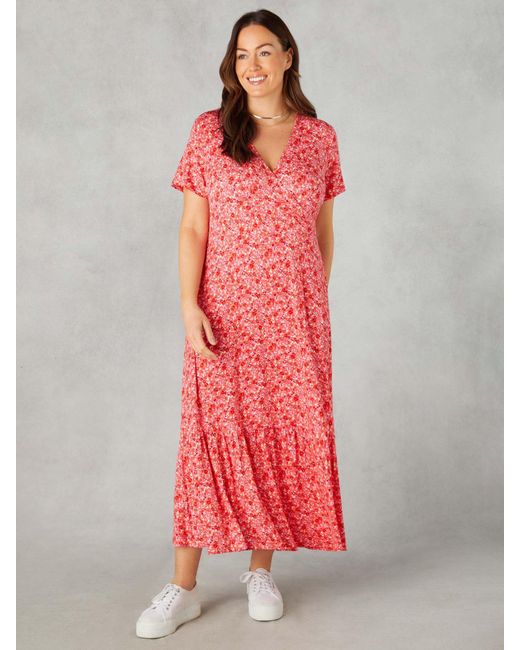 Live Unlimited Red Petit Curve Ditsy Print Jersey Wrap Dress