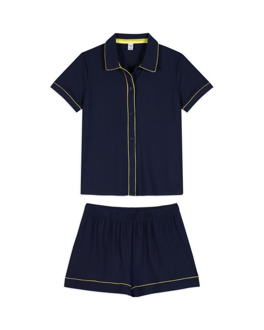 Chelsea Peers Blue Curve Ribbed Button Up Short Pyjamas