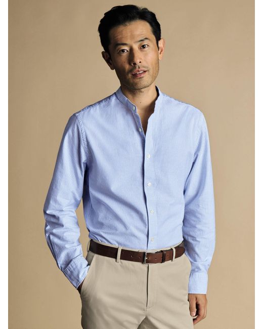Charles Tyrwhitt Blue Striped Slim Fit Collarless Oxford Shirt for men
