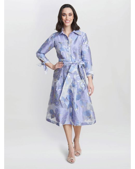 Gina Bacconi Blue Lauren Floral Jacquard Midi Shirt Dress
