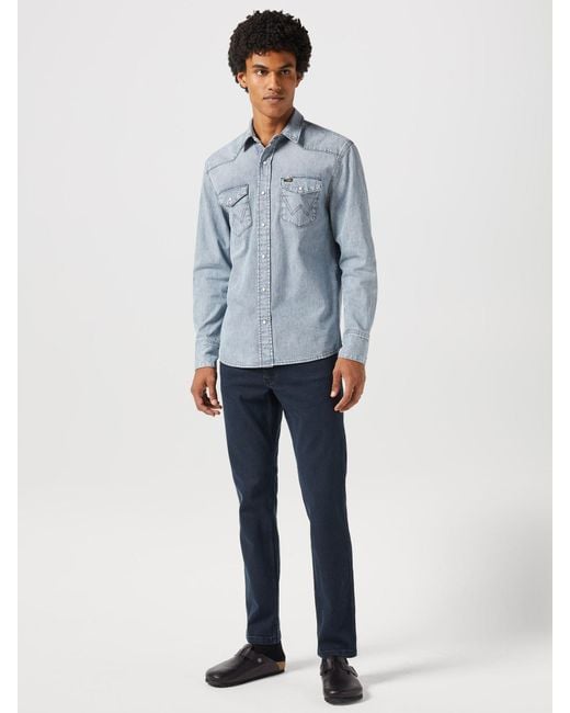 Wrangler Blue Cotton Regular Fit Denim Shirt for men