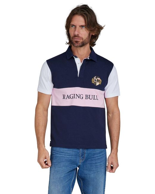 Raging Bull Blue Short Sleeve Cut & Sew Panel Rugby Shirt for men