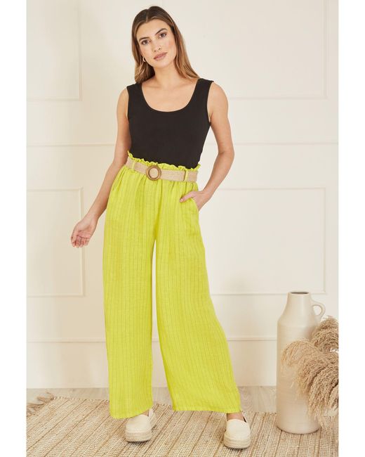Yumi' Yellow Italian Linen Striped Wide Leg Trousers & Belt