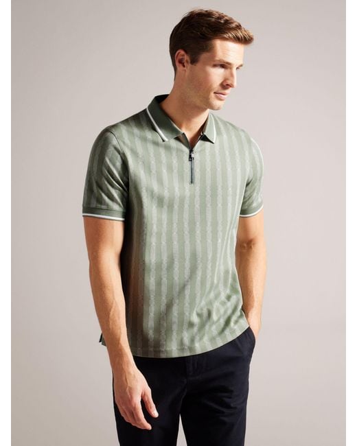 Ted Baker Green Icken Short Sleeve Cable Jacquard Zip Polo for men
