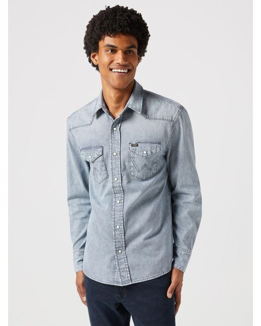 Wrangler Blue Cotton Regular Fit Denim Shirt for men