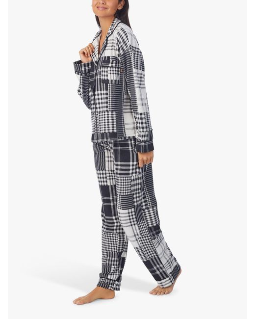 DKNY Blue Stretch Fleece Long Sleeve Notch Collar Patchwork Print Pyjamas