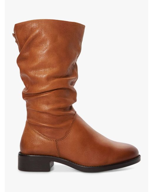 Dune Brown Tyling Leather Ruched Calf Boots