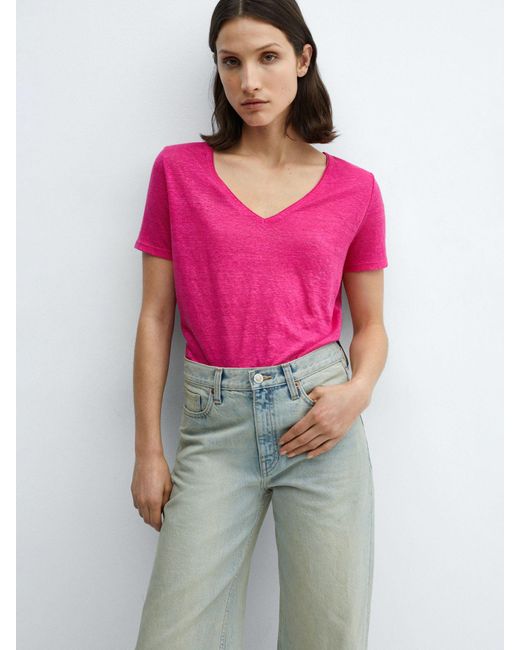 Mango Pink Linito Linen V-neck T-shirt