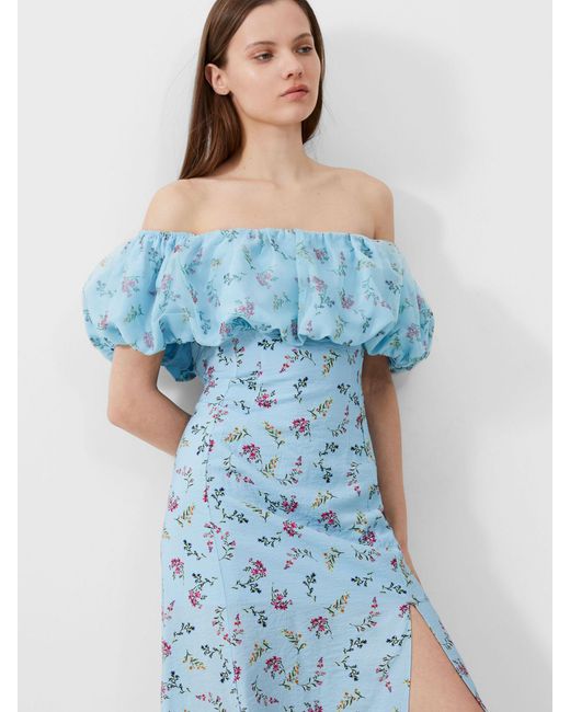 French Connection Blue Floriana Ciarra Organza Bardot Midi Dress