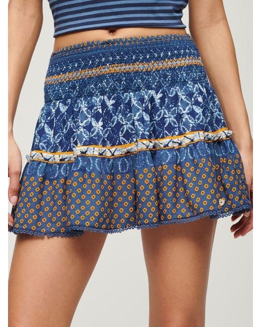 Superdry Blue Multi Print Shirred Mini Skirt