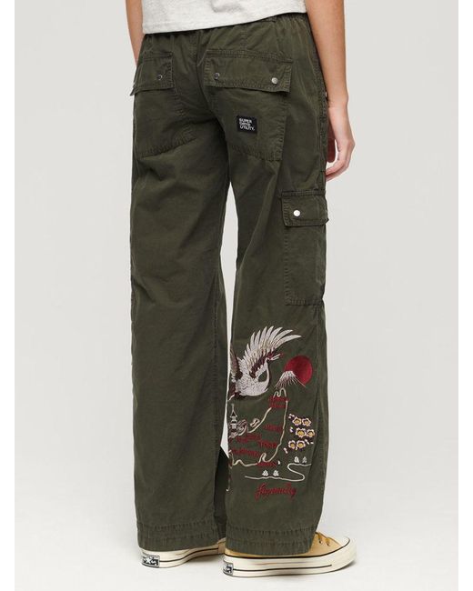 Superdry Green Low Rise Embroidered Cargo Trousers