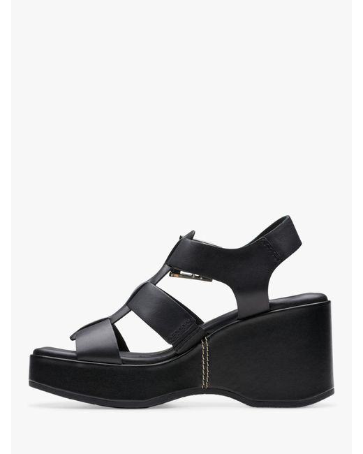 Clarks Black Manon Cove Leather Wedge Sandals