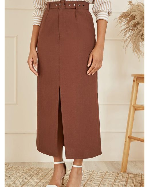 Yumi' Brown Tailored Front Split Belted Midi Skirt
