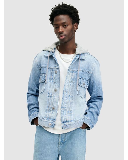 AllSaints Blue Spirit Organic Cotton Hooded Denim Jacket for men