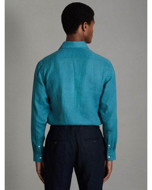 Reiss Ruban - Teal Blue Linen Button-through Shirt for men