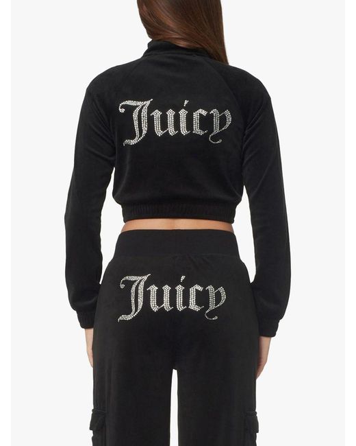 Juicy Couture Black Tasha Diamante Embellished Cropped Velour Track Top