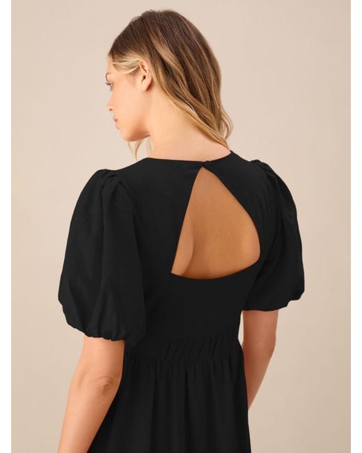 Ro&zo Black Puff Sleeve Linen Blend Midi Dress