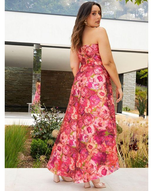Chi Chi London Pink Floral Print Strapless Wrap Effect Midi Dress