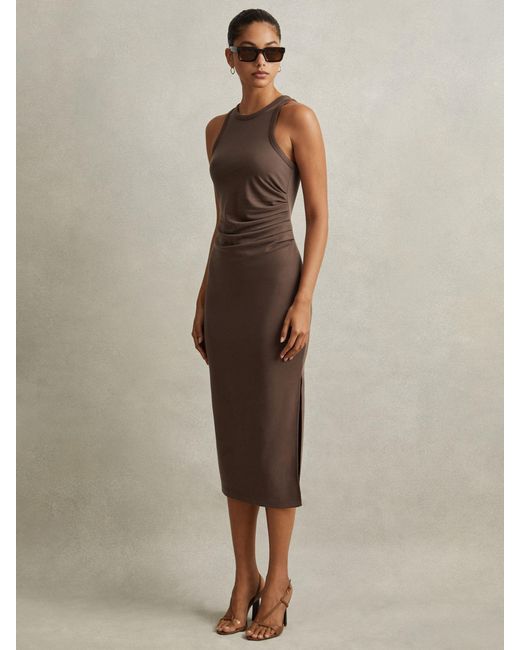 Reiss Brown Lola Ruched Jersey Bodycon Midi Dress