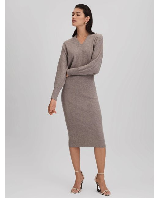 Reiss Gray Petite Cashmere Blend V-neck Knitted Midi Dress