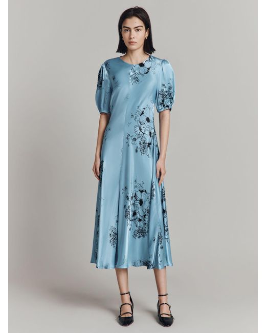 Ghost Blue Paloma Puff Sleeve Floral Midi Dress