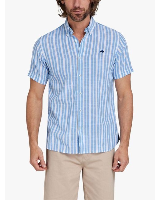 Raging Bull Blue Short Sleeve Multi Stripe Linen Look Shirt for men