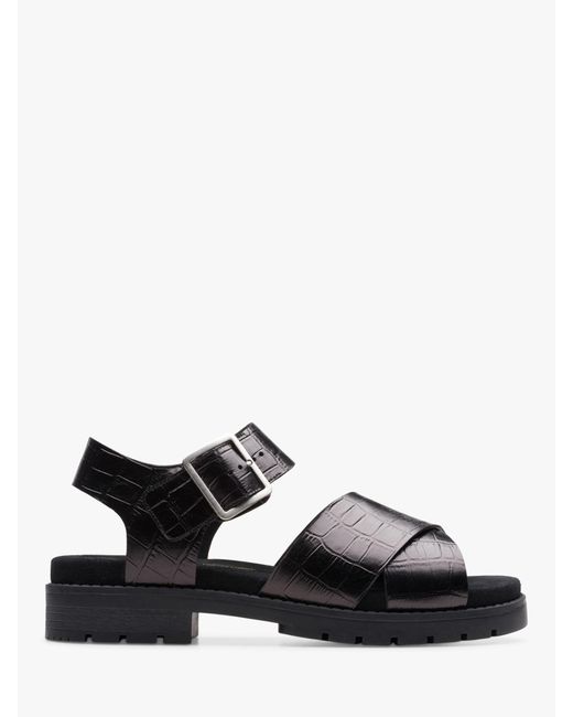 Clarks Black Orinocco Wide Fit Textured Leather Cross Strap Sandals