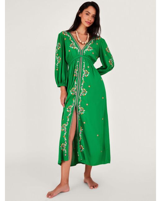 Monsoon Embroidered Maxi Kaftan Dress Green