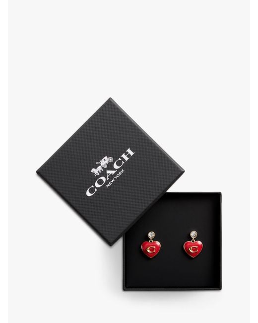 COACH Red Enamel And Crystal Heart Drop Earrings