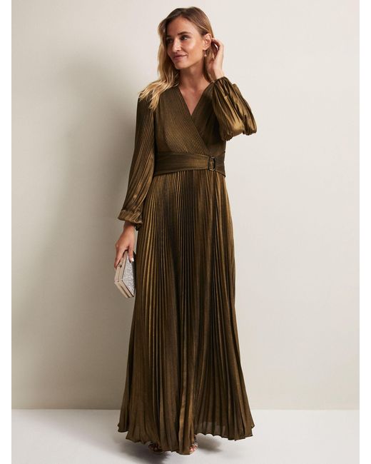 Phase Eight Natural Adrianna Foil Pleated Maxi Dress