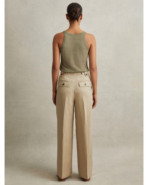 Reiss Natural Leila - Light Khaki Linen Front Pleat Trousers