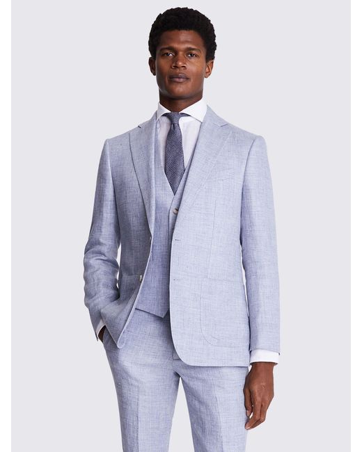 Moss Bros Blue Tailored Linen Suit Jacket for men
