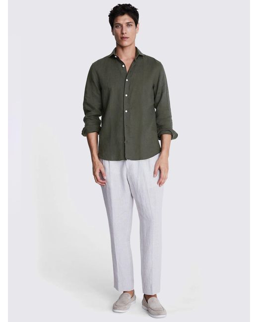 Moss Bros Green Tailored Fit Linen Long Sleeve Shirt for men