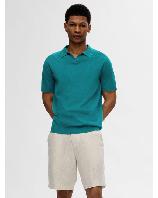 SELECTED Blue Short Sleeve Linen Polo Shirt for men