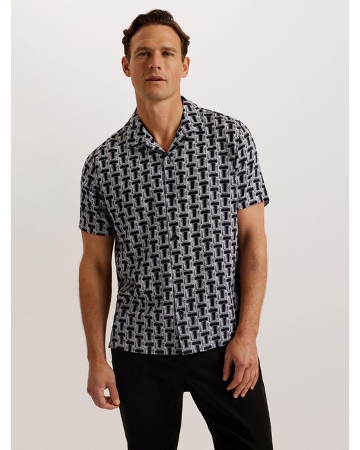 Ted Baker Black Rhin Geometric Print Short Sleeve Shirt for men