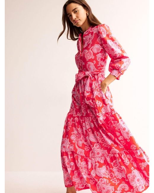 Boden Pink Alba Tiered Cotton Paisley Print Maxi Dress