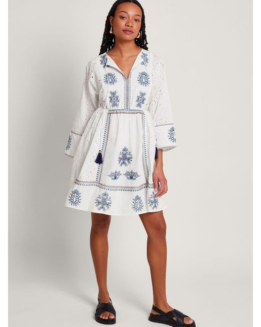 Monsoon White Katied Embroidered Kaftan Dress