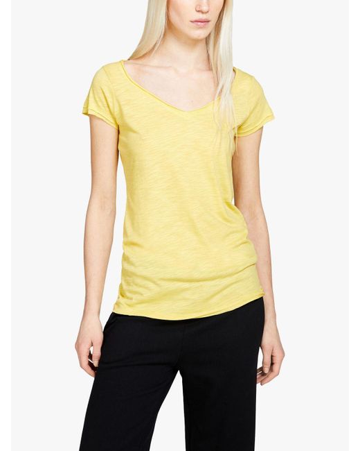 Sisley Yellow Raw Cut Organic Cotton Blend V-neck T-shirt