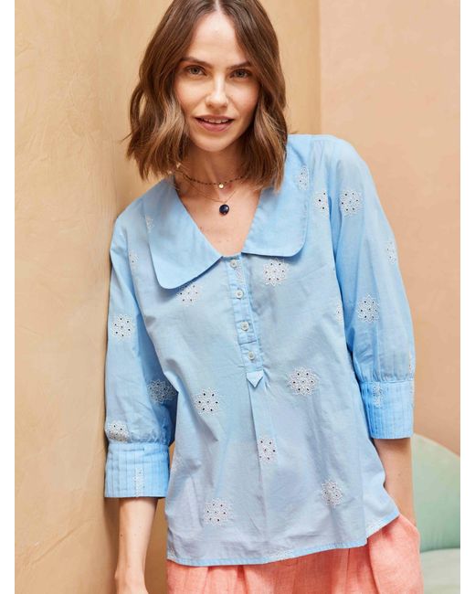 Brora Blue Organic Cotton Chelsea Collar Embroidered Flower Top
