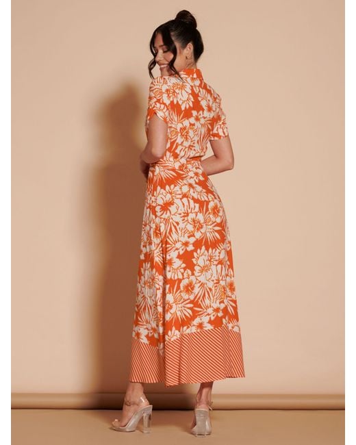 Jolie Moi Orange Elsie Floral Linen Blend Shirt Maxi Dress