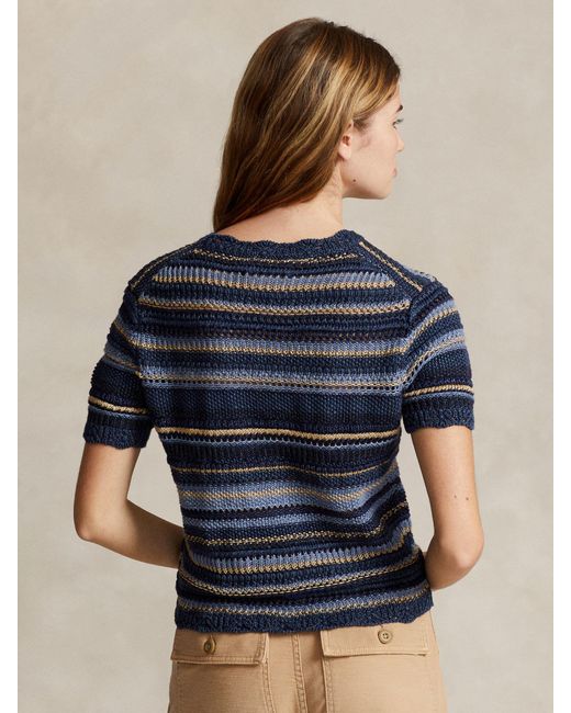 Ralph Lauren Blue Polo Stripe Crochet Knit Top