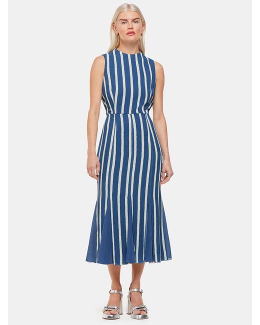 Whistles Blue Petite Crinkle Stripe Midi Dress