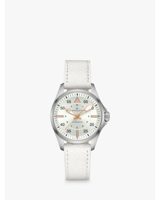 Hamilton White Khaki Pilot Automatic Leather Strap Watch