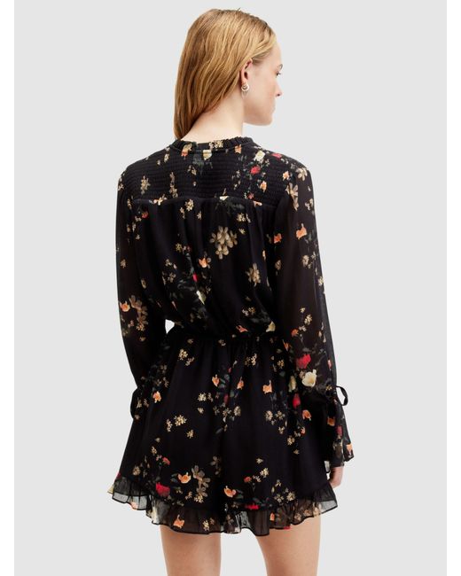 AllSaints Black Daria Kora Floral Print Relaxed Fit Playsuit