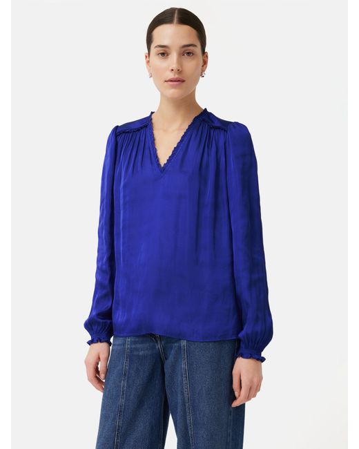 Jigsaw Blue Recycled Satin Frill Detail Top